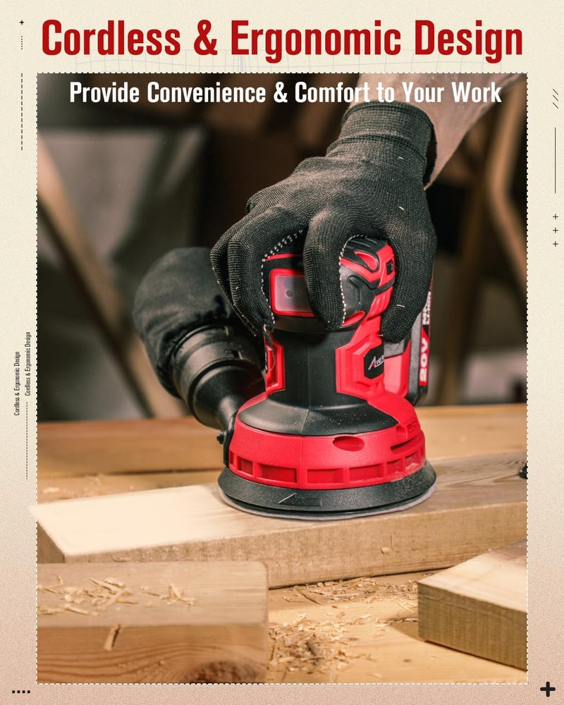 AVID POWER 20V Cordless Orbital Sander 5 Inch Electric Sander Tool with 6 Variable Speeds 7000-11000 RPM Battery Powered Sanders for Woodworking, 30 Pcs Sandpapers and Dust Collection Bag - Image 3